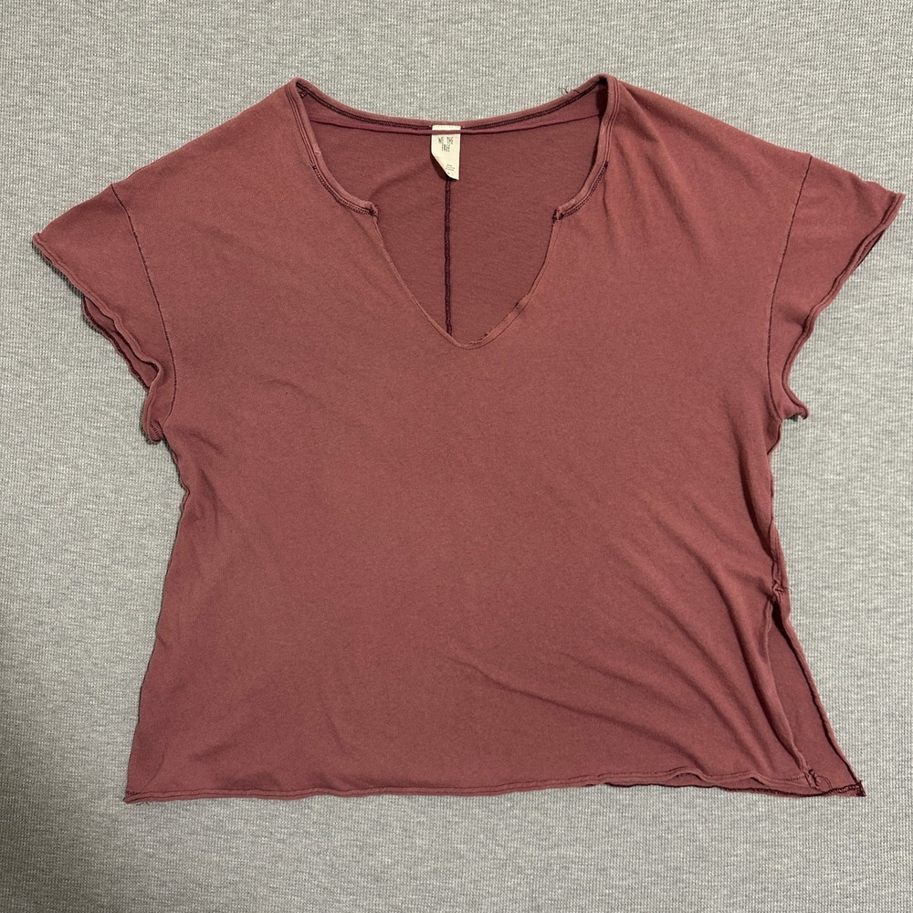 We The Free Free People Split V-Neck Raw Hem Cotton T-Shirt Rose Pink Small